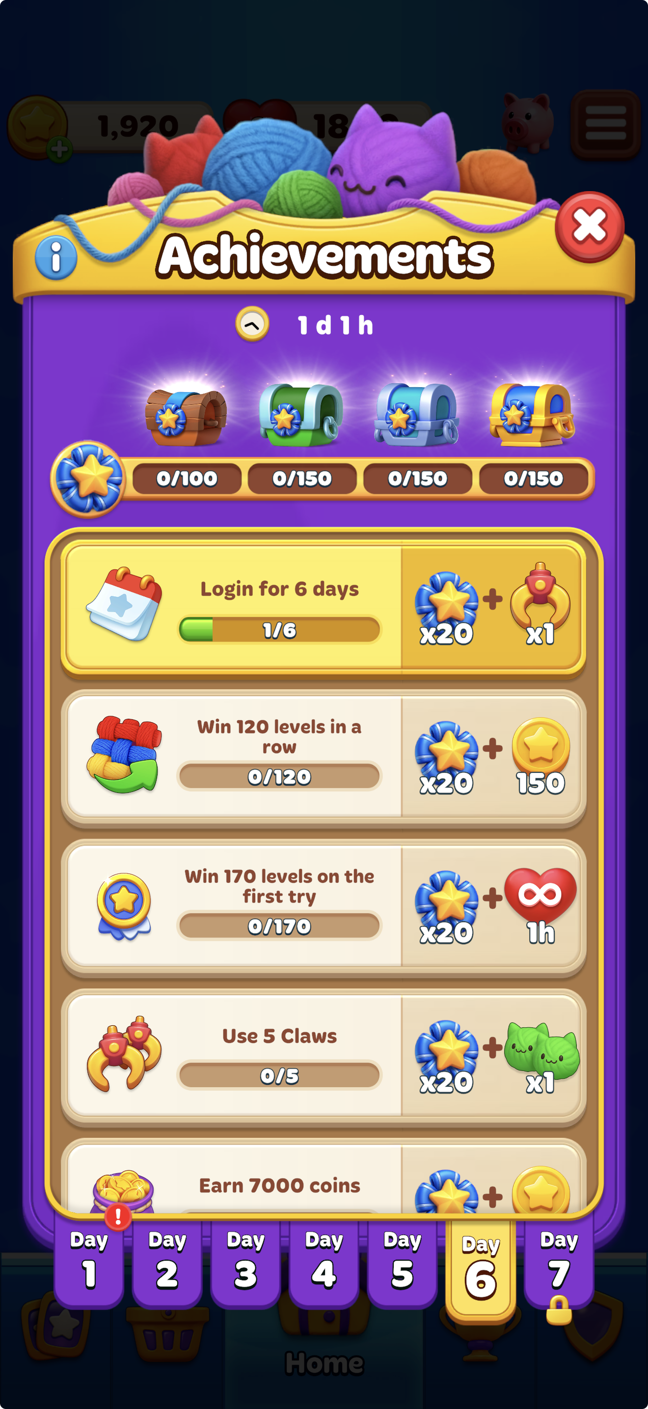 Achievements screen displaying a list of weekly tasks, completion progress, event milestones with reward chests, and a 7-day login event tracker.png