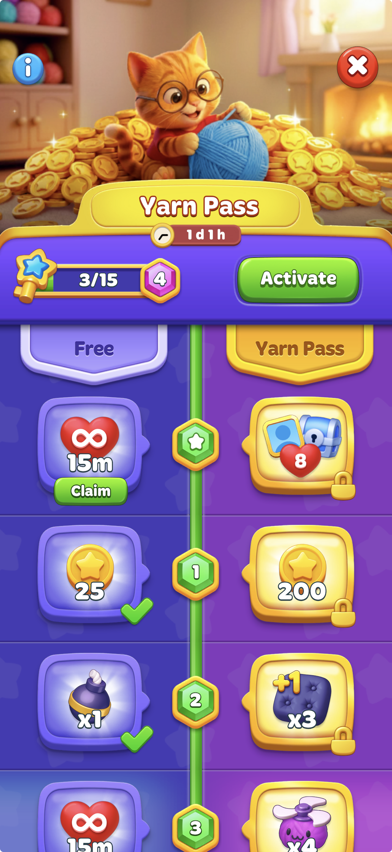Yarn Pass event screen showcasing a milestone progress track divided into clear sections for free rewards and locked premium track rewards.png
