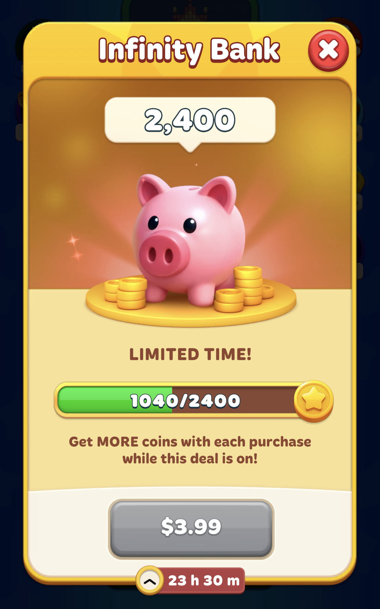 Infinity Bank screen featuring a pink piggy bank, a coin accumulation progress bar, and a limited-time purchase option.png