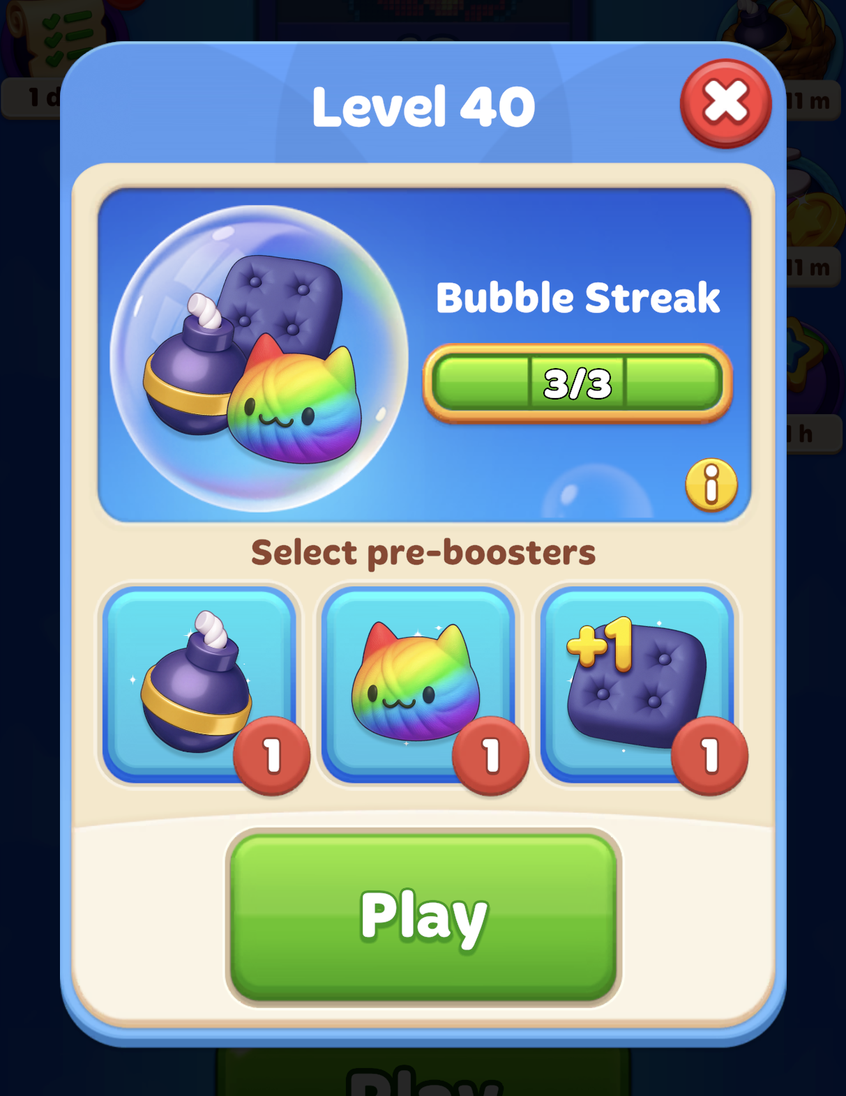 Level start screen featuring Bubble Streak active bonuses, a section to select pre-boosters, and a green Play button.png